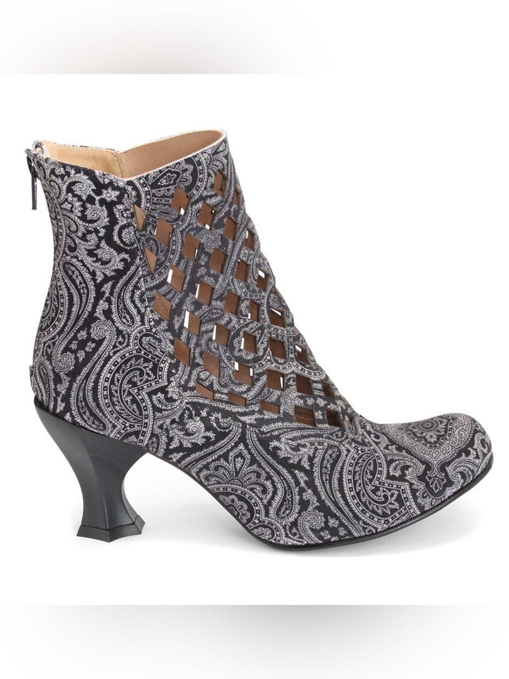 John Fluevog Black & White Paisley Lattice Cutout Ankle Boot